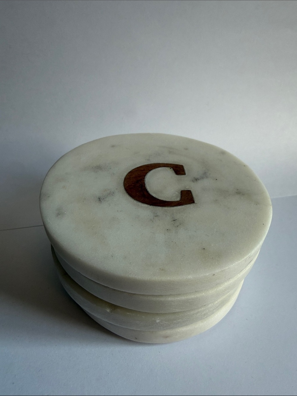 Pottery Barn Monogram Coasters Handcrafted Marble & Acacia Wood Letter C Initial - Picture 2 of 9